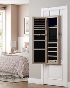 Dulap bijuterii suspendat cu oglinda, MDF melaminat / catifea, stejar, Songmics