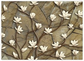 Tablou pe sticlă - Magnolii albe pe zidărie de piatră (70x50 cm)