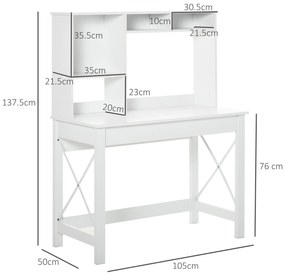 HOMCOM Birou cu depozitare birou bibliotecă birou din lemn modern cu rafturi și blat mare pentru spații mici birou acasă dormitor, 105 x 50 x 137,5 cm, alb | Aosom Romania