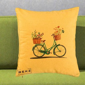 Perna Decorativa Bicicleta Florala Turcoaz Acuarela, 40x40 cm, Galben, Husa Detasabila, Perna Inclusa, BEKZ®