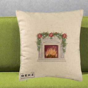 Perna Decorativa Semineu de Craciun Watercolor, 40x40 cm, Bej, Husa Detasabila, Perna Inclusa, BEKZ®