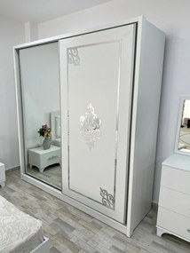 Dormitor Milano, culoare alb, cu pat tapitat 160 x 200 cm, dulap cu 2 usi, comoda cu oglinda, 2 noptiere