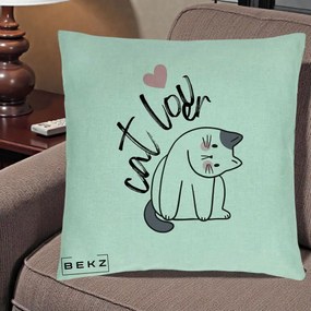 Perna Personalizata Cat Lover Pisica Ilustratie Linie, 40x40 cm, Verde Menta, Husa Detasabila, Perna Inclusa, BEKZ®