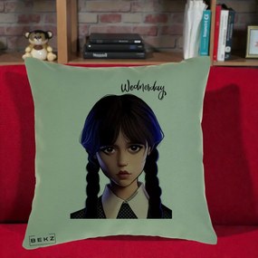 Perna Personalizata Wednesday Addams Portret Realist, 40x40 cm, Verde, Husa Detasabila, Perna Inclusa, BEKZ®