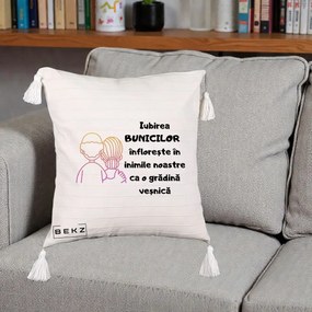 Cadou pentru Bunici - Perna Personalizata Iubirea Bunicilor Infloreste Cuplu Line Art Gradient, 40x40 cm, Bej cu Franjuri, Husa Detasabila, Perna Inclusa, BEKZ®