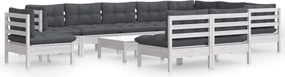 vidaXL Set mobilier grădină cu perne, 11 piese, alb, lemn masiv pin
