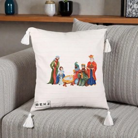 Perna Decorativa Nasterea Domnului Cei Trei Magi Acuarela, 40x40 cm, Bej cu Franjuri, Husa Detasabila, Perna Inclusa, BEKZ®