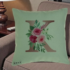 Cadou Personalizat - Perna Personalizata Monograma Rose Gold Litera K, 40x40 cm, Verde, Husa Detasabila, Perna Inclusa, BEKZ®