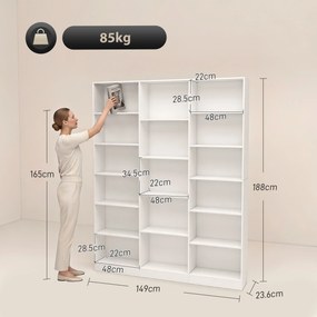 HOMCOM Bibliotecă cu Polițe Reglabile și Sistem Anti-Răsturnare din PAL, 149 x 23,6 x 188 cm, Albă | Aosom Romania