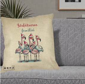 Perna Decorativa Flamingo Craciun Sarbatoarea Familiei, 40x40 cm, Crem, Husa Detasabila, Perna Inclusa, BEKZ®
