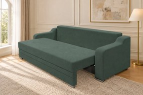Canapea extensibilă Mirella din stofă, verde marin, cu ladă de depozitare