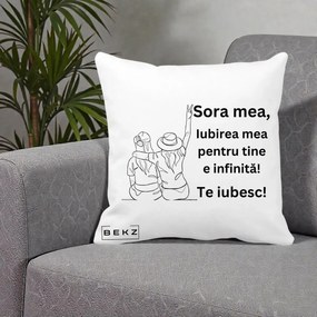 Cadou pentru Sora - Perna Personalizata Sora Mea Te Iubesc Line Art Portrete Colorate, 40x40 cm, Alba Mata, Husa Detasabila, Perna Inclusa, BEKZ®