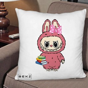 Perna Personalizata Labubu Roz cu Funda si Carti, 40x40 cm, Alb Pufos, Husa Detasabila, Perna Inclusa, BEKZ®