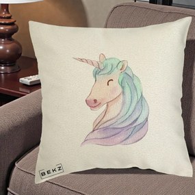 Perna Decorativa Unicorn Acuarela Pastel, 40x40 cm, Ecru, Husa Detasabila, Perna Inclusa, BEKZ®