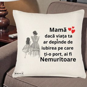 Cadou pentru Mama - Perna Personalizata Mama Nemuritoare Line Art, 40x40 cm, Crem Reliefat, Husa Detasabila, Perna Inclusa, BEKZ®