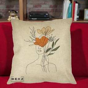 Perna Decorativa Portret Feminin Coroana Florala, 40x40 cm, Crem, Husa Detasabila, Perna Inclusa, BEKZ®