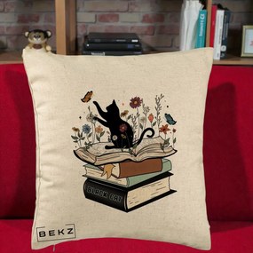 Perna Personalizata Pisica Neagra Carti Flori Fluturi, 40x40 cm, Bej, Husa Detasabila, Perna Inclusa, BEKZ®