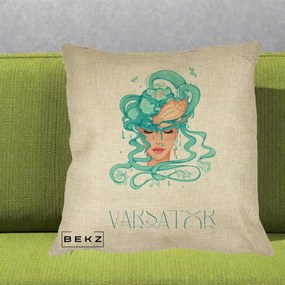 Perna Personalizata Zodiac Varsator Cowgirl, 40x40 cm, Crem, Husa Detasabila, Perna Inclusa, BEKZ®