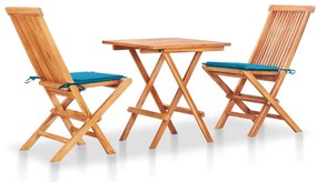 vidaXL Set bistro cu perne albastre, 3 piese, lemn masiv de tec