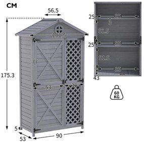 Depozit de mobilier de grădină din lemn pentru exterior, magazie de unelte rezistentă la intemperii, cu mult spațiu de depozitare și construcție din lemn stabilă, 90×56,5×175,3 cm, Gri