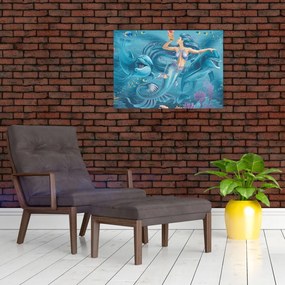 Tablou pe sticlă - Sirenă cu delfini (70x50 cm)