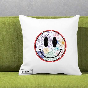 Perna Decorativa Smiley Face cu Artificii Multicolore, 40x40 cm, Alba Mata, Husa Detasabila, Perna Inclusa, BEKZ®