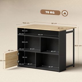 HOMCOM Masă de bar extensibilă cu blat rabatabil, masă înaltă pentru bucătărie, 1 dulap și 4 compartimente deschise, 116x79,6x90,5cm, negru | Aosom Romania