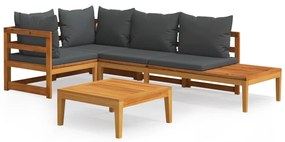 Set mobilier gradina cu perne gri inchis, 4 piese, lemn acacia Morke gra, 2x colt + banca + masa, 1