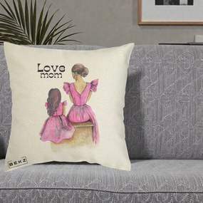 Cadou pentru Mama - Perna Personalizata Love Mom Rochii Roz, 40x40 cm, Ecru, Husa Detasabila, Perna Inclusa, BEKZ®
