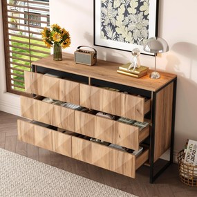 Bufet cu 6 sertare, cadru metalic negru și fronturi de sertare geometrice, 120x40x80 cm, Culoare naturală