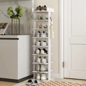 HOMCOM Pantofar 9 niveluri organizator din lemn pentru pantofi cu raft superior și 2 cârlige, pentru hol, Alb | Aosom Romania