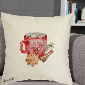 Perna Decorativa Cacao de Iarna cu Biscuit, 40x40 cm, Ecru, Husa Detasabila, Perna Inclusa, BEKZ®