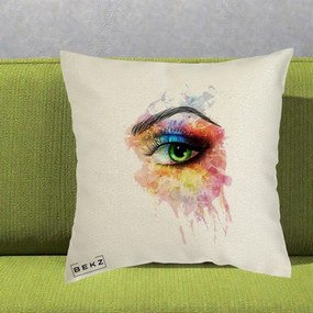 Perna Decorativa Ochi Verde Acuarela, 40x40 cm, Ecru, Husa Detasabila, Perna Inclusa, BEKZ®