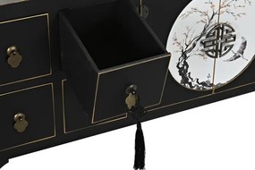 Comodă TV living din lemn, negru, cu 2 uși, 8 sertare și medalion oriental cu ramură înflorită, 51 x 130 x 26 cm, „Zenora”