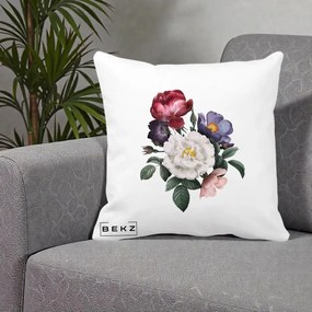 Perna Decorativa Buchet Trandafiri Bujori Botanical, 40x40 cm, Alba Mata, Husa Detasabila, Perna Inclusa, BEKZ®