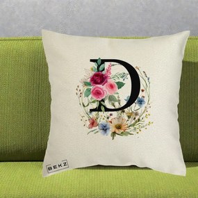 Cadou Personalizat - Perna Personalizata Monogram Litera D cu Flori Acuarela, 40x40 cm, Ecru, Husa Detasabila, Perna Inclusa, BEKZ®
