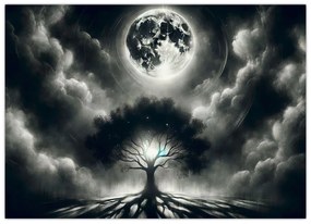 Tablou pe sticlă – Arbore alb-negru în lună plină (70x50 cm)