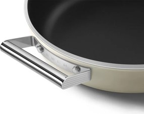 Oală joasă cu capac Smeg DPF2812CRM, 28 cm, 4,3 l, acoperire ceramică antiaderentă, potrivită pentru cuptor până la 250 °C, fără PFAS, compatibilă cu plitele cu inducție, culoare crem