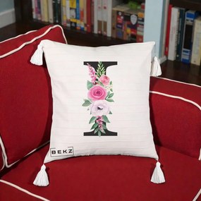 Cadou Personalizat - Perna Personalizata Monograma Florala Litera I, 40x40 cm, Bej cu Franjuri, Husa Detasabila, Perna Inclusa, BEKZ®