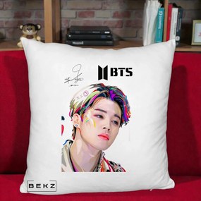 Perna Personalizata K-pop BTS Jimin Portret Artistic Multicolor cu Autograf, 40x40 cm, Alb Pufos, Husa Detasabila, Perna Inclusa, BEKZ®