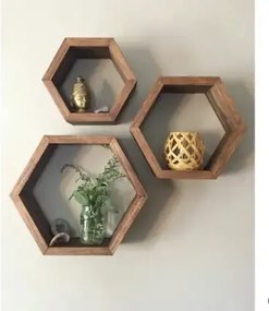 Set 3 rafturi perete Hexa Homs lemn natur