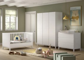 Set Complet Cameră Copii EVA: Pătuț Transformabil 70x140 cm, Comodă cu 3 Sertare, Masă de Înfășat și Dulap 3 Uși, Alb – Vipack