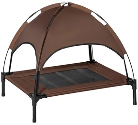 PawHut Pat înălțat pentru câini cu baldachin, pat pentru animale de companie, pat pentru câini de exterior cu acoperiș, respirabil, material textil pentru camping Cafea 76 x 61 x 73 cm | Aosom Romania