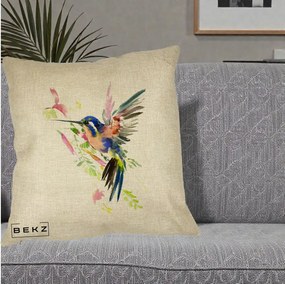 Perna Decorativa Colibri Acuarela, 40x40 cm, Crem, Husa Detasabila, Perna Inclusa, BEKZ®