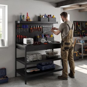 HOMCOM Banc de lucru cu rafturi reglabile, stație de lucru robustă cu panou perforat și 2 sertare, 122 x 61 x 156 cm, Negru | Aosom Romania