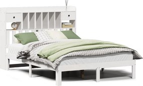 vidaXL Pat cu bibliotecă fără saltea, alb, 135x190 cm, lemn masiv pin