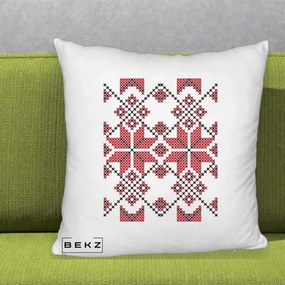 Perna Personalizata Motiv Traditional Cusatura Rosu-Negru, 40x40 cm, Alb Pufos, Husa Detasabila, Perna Inclusa, BEKZ®