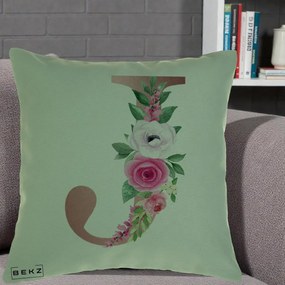 Cadou Personalizat - Perna Personalizata Monograma Rose Gold Litera J, 40x40 cm, Verde, Husa Detasabila, Perna Inclusa, BEKZ®