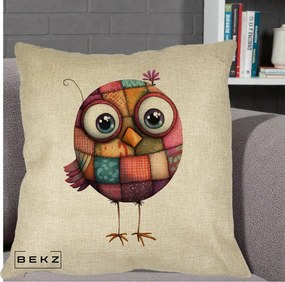 Perna Decorativa Pasare Patchwork Roz cu Floare, 40x40 cm, Crem, Husa Detasabila, Perna Inclusa, BEKZ®