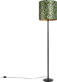 Lampă de podea neagră cu abajur din catifea cu motive de păun auriu 40 cm - Simplo
